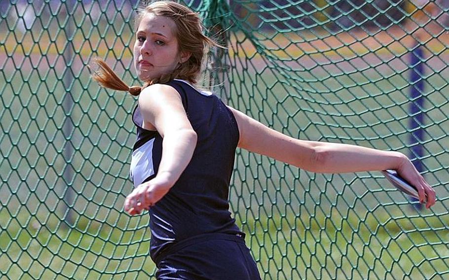 Bitburg's Melissa Menschel won the girls discus event in Heidelberg on Saturday with a heave of 83 feet, 8 inches, ahead of Heidelberg's Rebeccah Steil, who threw 81-05.