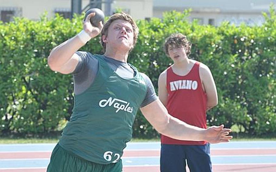 Naples' Brennan Goodnature, one of the top shot putters and discus throwers this year in DODDS-Europe, won the shot put competition Saturday in a meet in Pordenone, Italy, between Naples, Aviano and Vicenza. Goodnature won the shot with a toss of 46 feet, 41/2 inches and won the discus with a heave of 140-11/2. Both were the best recorded in DODDS-Europe this season.