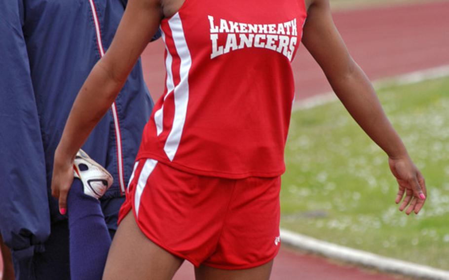 Lakenheath Jasmin Walker stretches before the start of the 100 meter dash on Saturday. She has posted the best time of the season over that distnce and will go into the DODDS-Europe Track and Field Championships to win the event she lost last year by .02 seconds to Ansbach's Tiffany Heard.