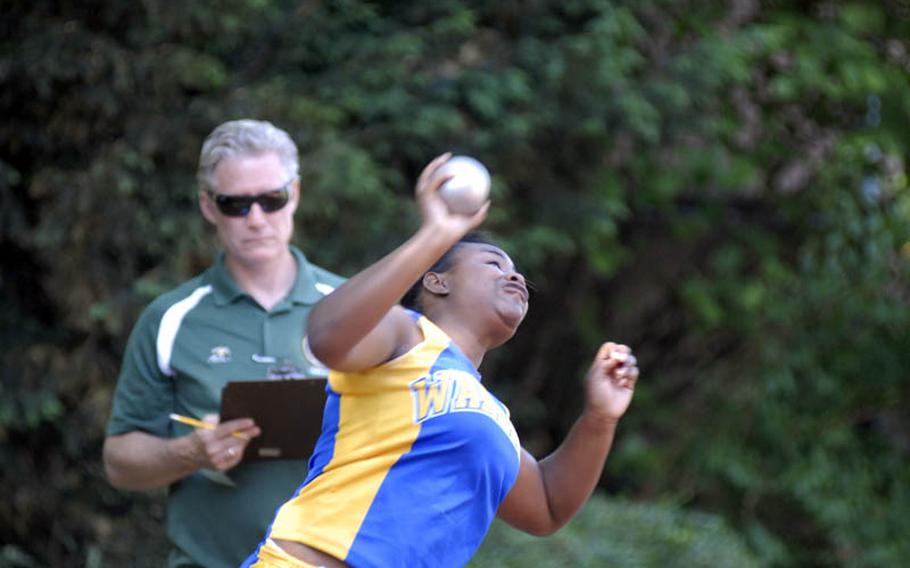 Wiesbaden sophomore Daija Barnett finished second in the girls  shot put competition during the first day of the 2011 DODDS-Europe Track and Field Championships in Russelsheim, Germany. Teammate and fellow sophomore  Alexcia Hodge won the event.