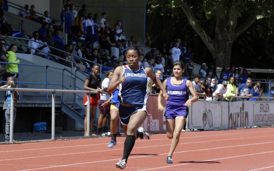 Lakenheath senior Jasmin Walker breaks away from the field during the prelim heats of the girls 100 meter dash at the 2011 DODDS-Europe Track and Field Championships in Russelsheim, Germany.