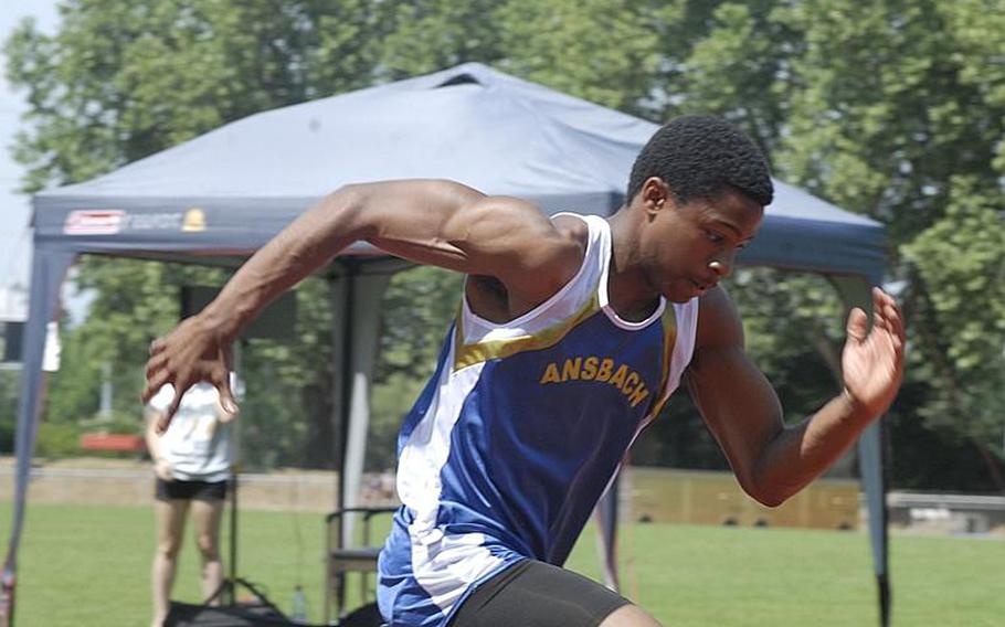 Ansbach junior Derrick Flake shows off his speed in the boys 400 meter dash  during day two of  the 2011 DODDS-Europe Track and Field Championships in Russelsheim, Germany. Flake won  with a time of 50.66 seconds, edging out Ramstein junior Jaap Vangaalen, who finished with 50.91.  Hohenfels junior Lamar Benjamin rounded out the top three with a time of 50.94.