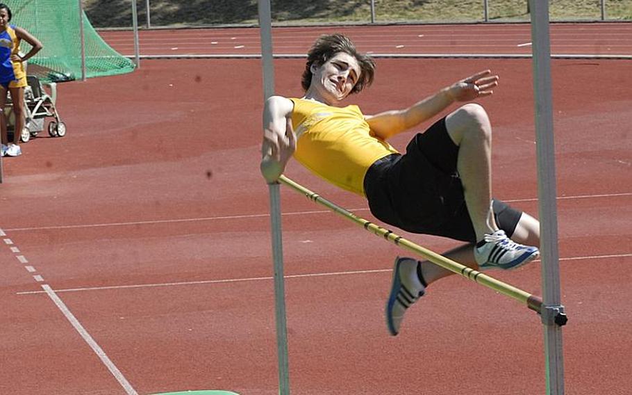 Frankfurt International School senior Logan McKee clears the bar during the boys high jump at  the 2011 DODDS-Europe Track and Field Championships in Russelsheim, Germany.  McKee finished second in the event, clearing 6 feet; Vilseck senior Dane Gray took top honors, clearing 6 feet, 2 inches.