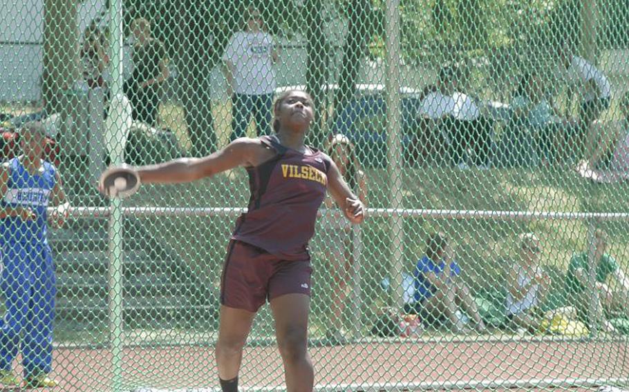 Vilseck junior Mariah Morris gets ready to release the discus  during day two of  the 2011 DODDS-Europe Track and Field Championships in Russelsheim, Germany. Morris won the event.