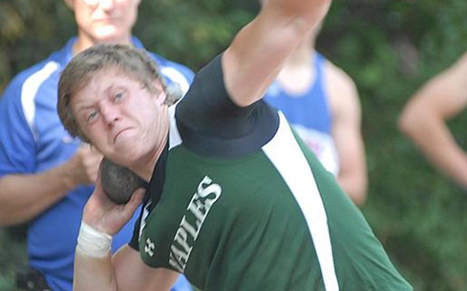 Naples senior Brennan Goodnature competes in the boys shot put during day two of  the 2011 DODDS-Europe Track and Field Championships in Russelsheim, Germany.  Goodnature, who won the discus event on Friday, finished second to Darian Billups, a junior at Bitburg, in this event.