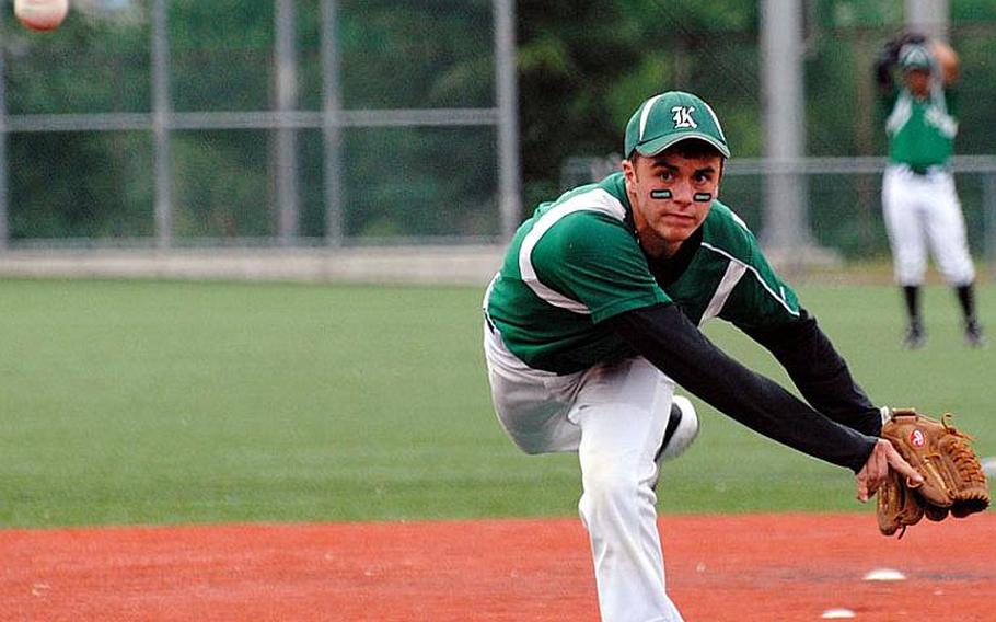 Tyler Smith of defending champion Kubasaki lets fly against Yokota during Tuesday's pool-play game in the 2011 Far East High School Baseball Tournament at  Camp Walker, South Korea. Kubasaki blanked Yokota 4-0, earning the No. 3 seed into the single-elimination playoffs that began Wednesday.