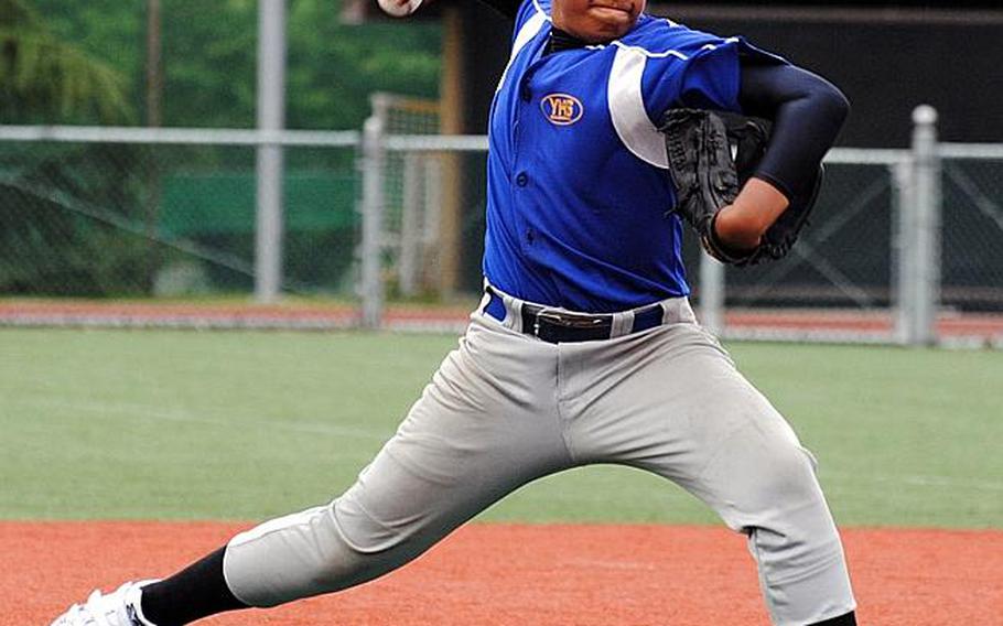 Landon Harvey of Yokota delivers against defending champion Kubasaki during Tuesday's pool-play game in the 2011 Far East High School Baseball Tournament at  Camp Walker, South Korea. Kubasaki blanked Yokota 4-0, earning the No. 3 seed into the single-elimination playoffs that began Wednesday.