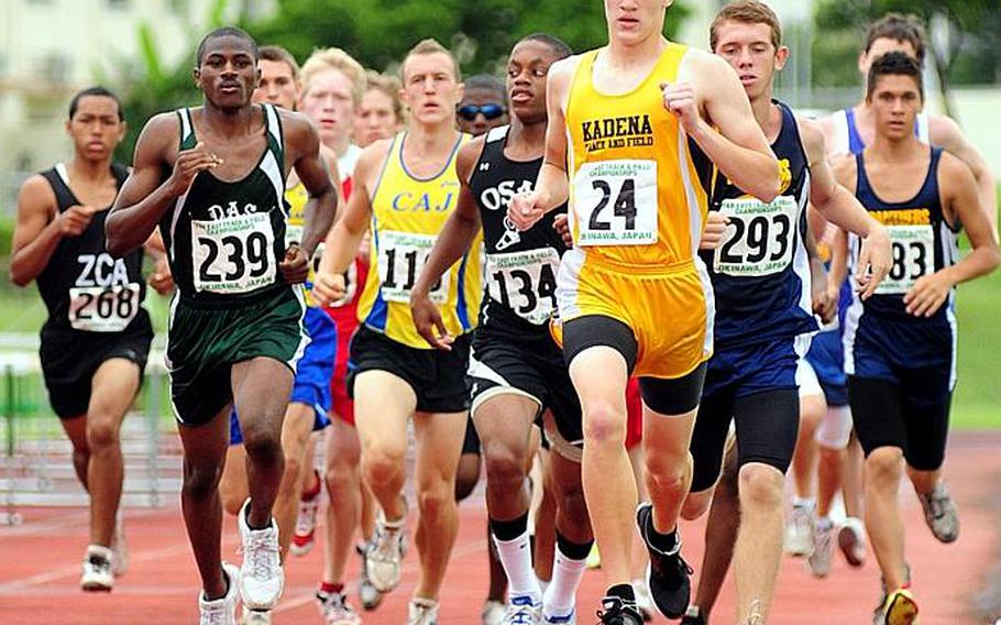 Kadena senior Jacob Bishop leads the pack into the first straightaway of the 1,500-meter race during Tuesday's finals in the 2011 Far East High School Track and Field Meet at Camp Foster, Okinawa. Bishop won in 4 minutes, 16.26 seconds.