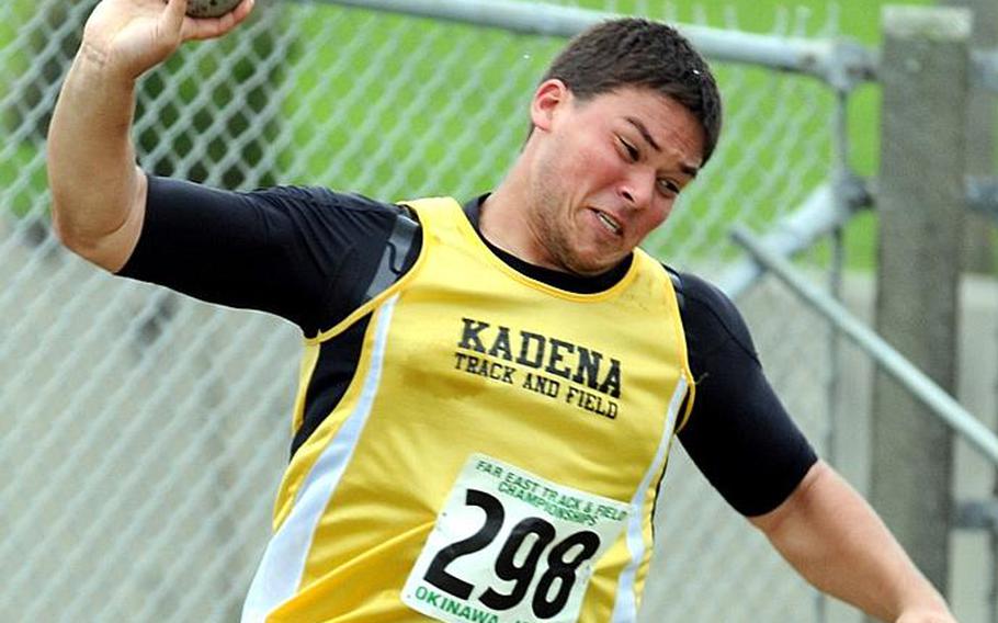 Kadena's Gabe Ahner lets fly in the boys shot put during Tuesday's finals of the 2011 Far East High School Track and Field Meet at Camp Foster, Okinawa. Ahner won the event with a throw of 13.11. beating the meet record of 12.52 set last year by Nile C. Kinnick's David de los Santos, who finished second to Ahner on Tuesday with a 13.01.