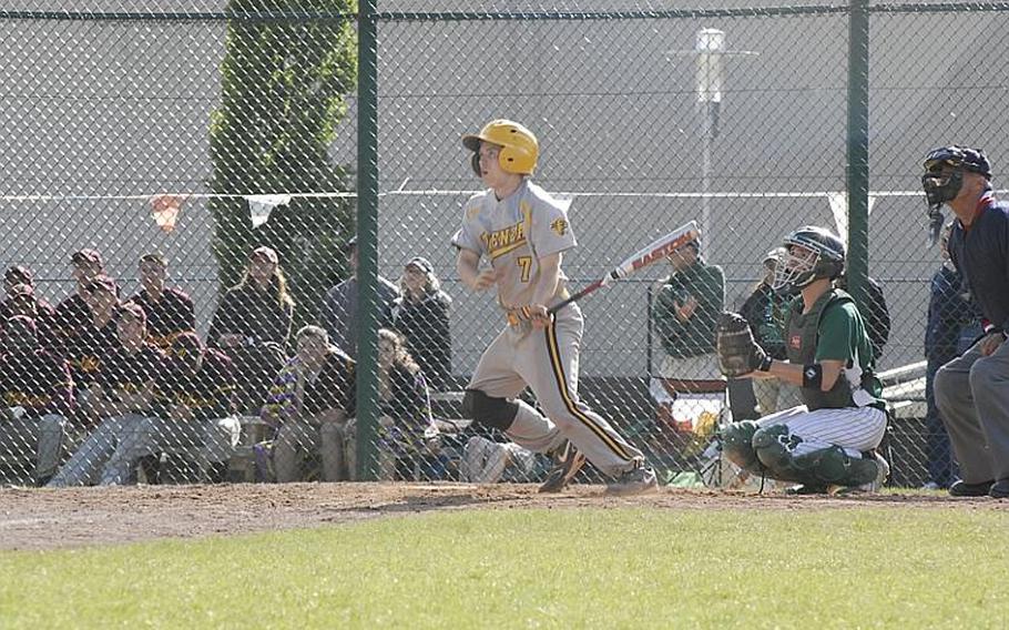 Vicenza sophomore Reed Woods watches his base hit fall between the outfielders during the sixth inning of Friday's Division II baseball semifinal between Vicenza and Naples.  Vicenza rallied with 10 runs in the sixth inning to win the game 14-12 and advance to Saturday's final.