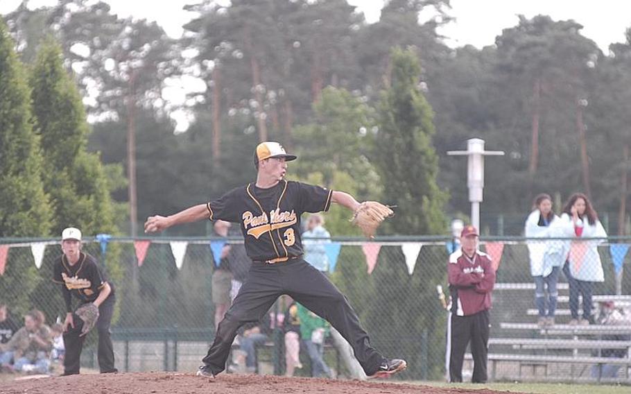 Patch's winning pitcher, senior Justin Quimby, delivers a second-inning strike during Friday's baseball semifinal against Vilseck.  The Panthers went on to a 16-0 three-inning victory, setting up a rematch of last year's championship against Ramstein.