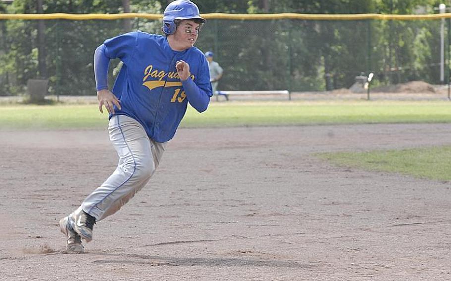 Sigonella freshman Clay Coon rounds third base during Saturday's Division III championship game.  Despite a late rally, Rota outlasted Sigonella, 7-6.