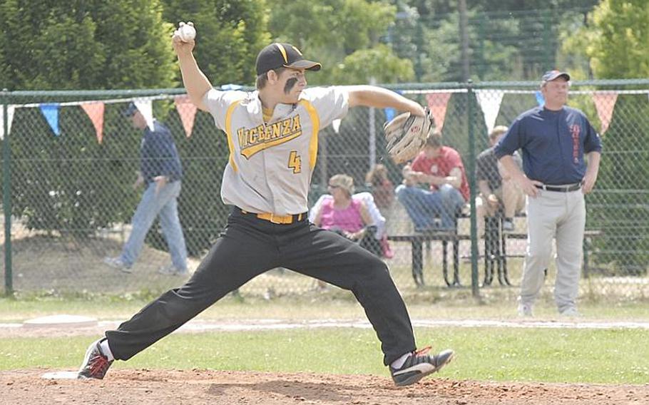 Vicenza junior Jeremy Huller makes a pitch during Saturday's Division II baseball championship game in Ramstein, Germany.  Bitburg won 5-3.