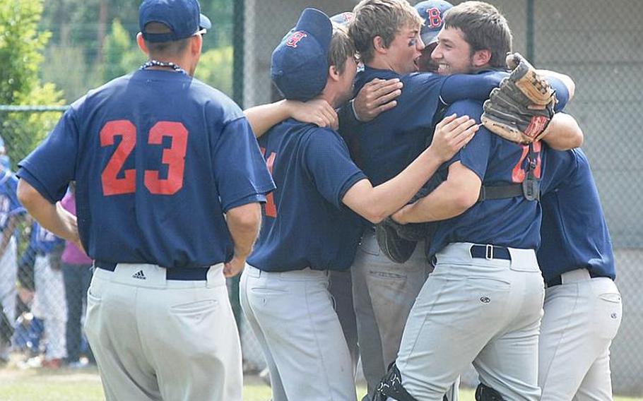 The Bitburg Barons celebrate on the diamond after beating Vicenza 5-3 to capture the Division II championship Saturday in Ramstein, Germany.