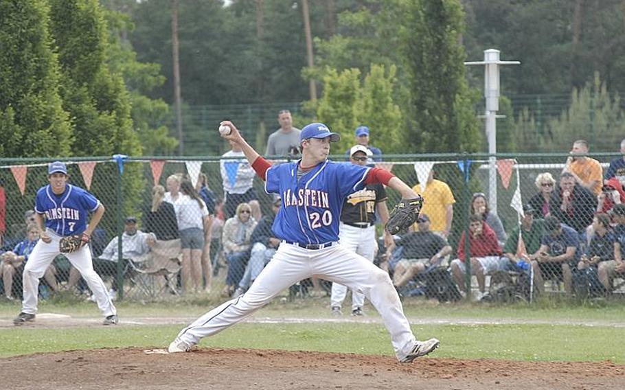 Ramstein junior pitcher Jon Grotelueschen  delivers a pitch during the first inning of Saturday's Division I championship game against Patch.  Patch won the game 8-7 to defend its title.