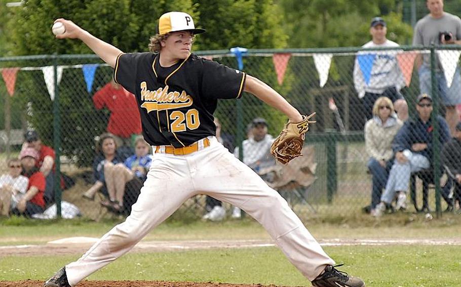 Patch junior Dylan Measells winds up for his delivery during the Division I championship game against Ramstein.  Patch repeated as champions with a 8-7 victory and Measells has been named Stars and Stripes' baseball player of the year for Europe.