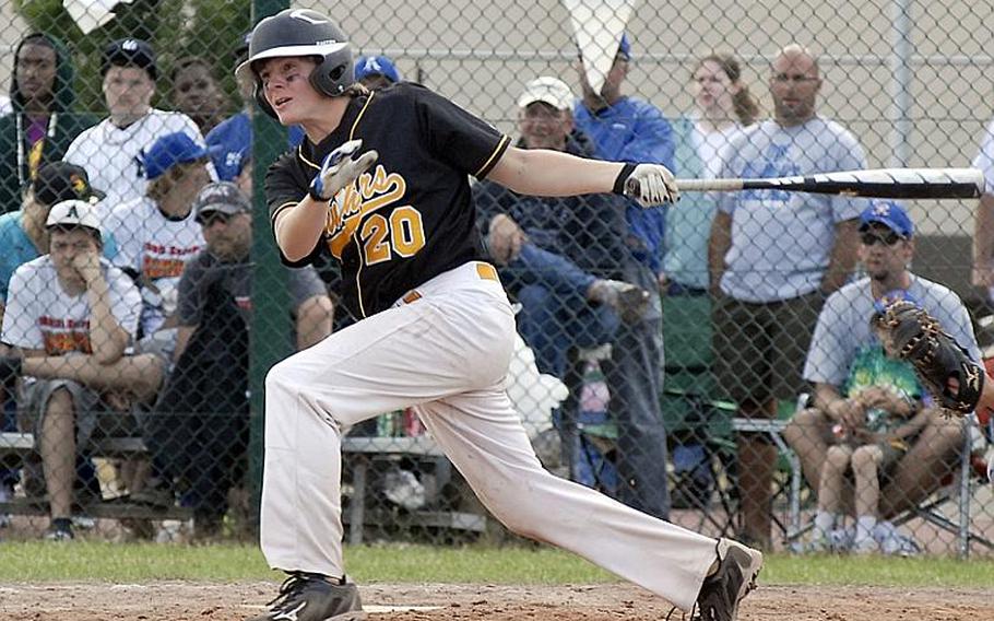 Patch junior Dylan Measells makes contact during the Division I championship game against Ramstein. Measells has been chosen as Stars and Stripes' baseball player of the year for Europe.