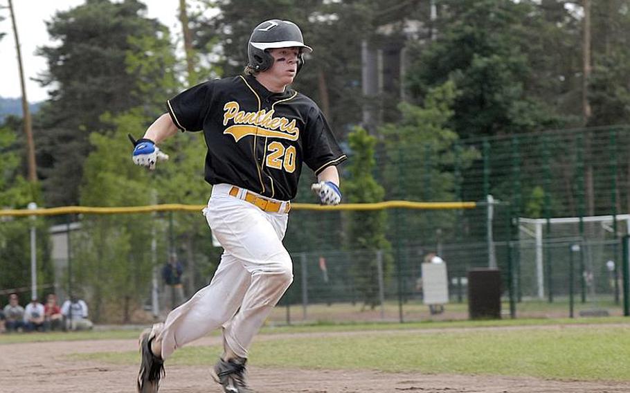 Patch junior Dylan Measells charges into third during the Division I championship game between Patch and Ramstein.  Patch repeated as champions with a 8-7 victory and Measells was named Stars and Stripes' baseball player of the year for Europe.