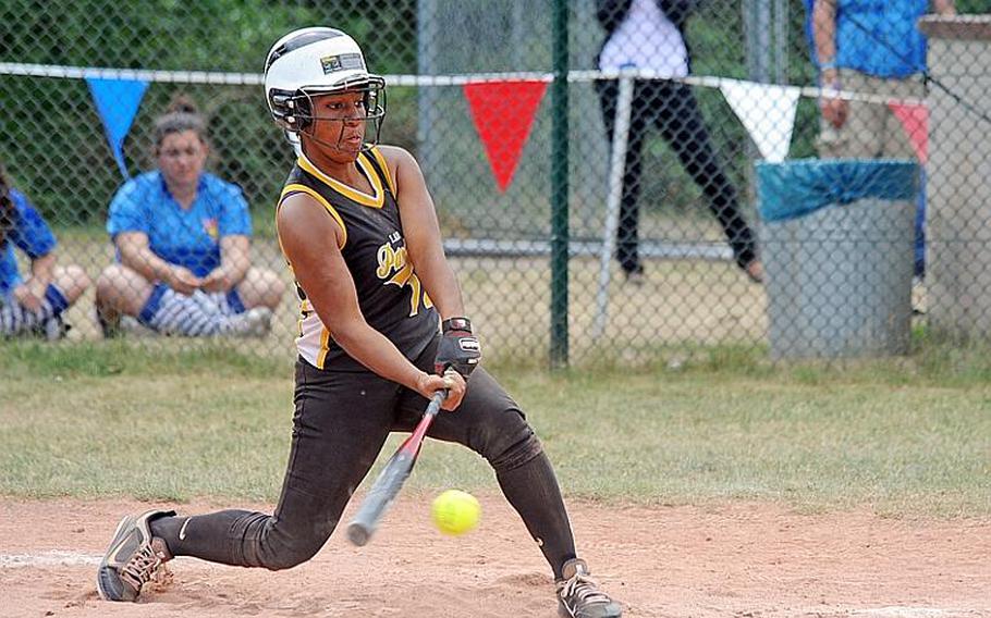 Patch's Bianca Lopez gets a hit in the Division I title game against Ramstein on May 28. Lopez has been selected Stars and Stripes' softball player of the year.