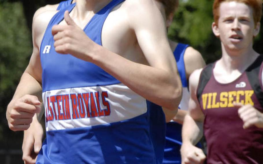 Ramstein sophomore Jack Scranton leads the pack in the boys 1,500 meter run at the 2011 DODDS-Europe Track and Field Championships in Russelsheim, Germany, on May 21.