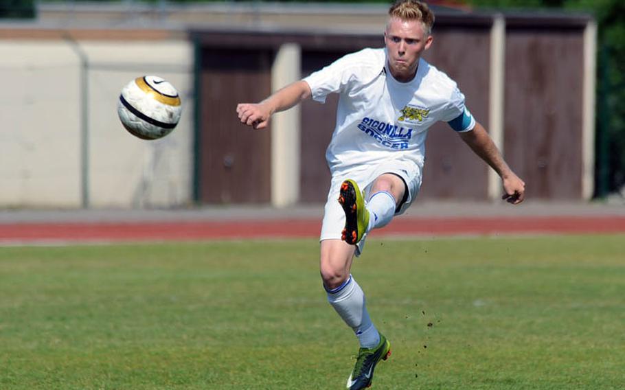 Sigonella's Ben Jacks takes a shot on goal in the Jaguars' 2-0 win in the DODDS-Europe Division III title game.