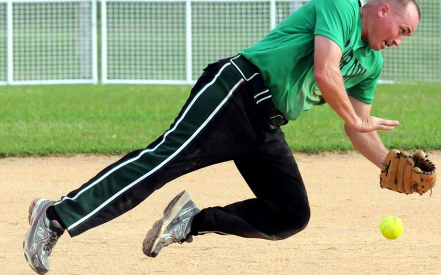 Third baseman Ken Altizer of 3rd Marine Division/III Marine Expeditionary Force can&#39;t find the handle on a 1st Marine Aircraft Wing ground ball during Friday&#39;s knockout-bracket semifinal game in the double-elimination playoffs in the 2011 Marine Corps Far East Regional Softball Tournament at Field 1, Gunners Fitness & Sports Complex, Camp Foster, Okinawa. Division ousted Wing 12-5, only to be eliminated in the knockout-bracket final game 5-4 by Marine Corps Base Camp S.D. Butler.