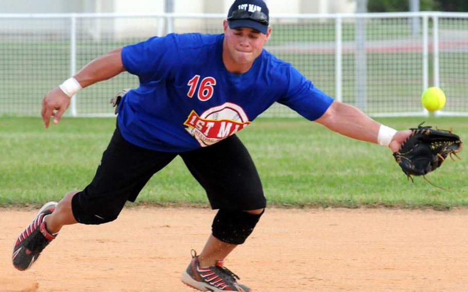 Shortstop Henry Kelinski of 1st Marine Aircraft Wing can&#39;t find the handle on a 3rd Marine Division/III Marine Expeditionary Force ground ball during Friday&#39;s knockout-bracket semifinal game in the double-elimination playoffs in the 2011 Marine Corps Far East Regional Softball Tournament at Field 1, Gunners Fitness & Sports Complex, Camp Foster, Okinawa. Division ousted Wing 12-5, only to be eliminated in the knockout-bracket final game 5-4 by Marine Corps Base Camp S.D. Butler.