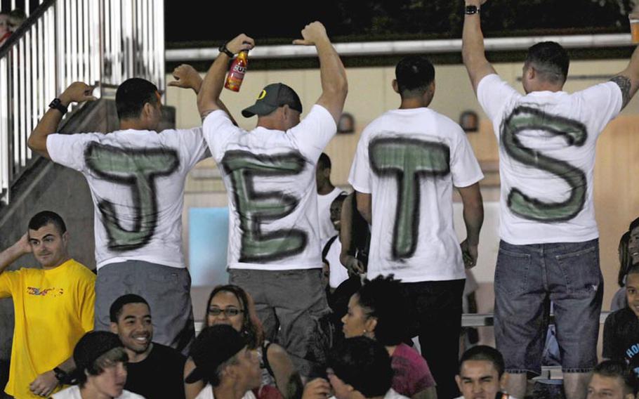Misawa Jets fans cheer on their team during Saturday's Torii Bowl league title game at Misawa Air Base, Japan. The Foster Bulldogs rallied from a 20-2 deficit to beat the Misawa Jets 24-20, the first road victory in Torii Bowl history and the second USFJ-AFL title for Foster in three seasons.