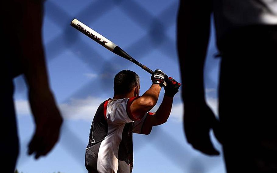 Jason Perran, playing for Aviano, prepares for the pitch during the U.S. Forces Europe men's softball championship game.
