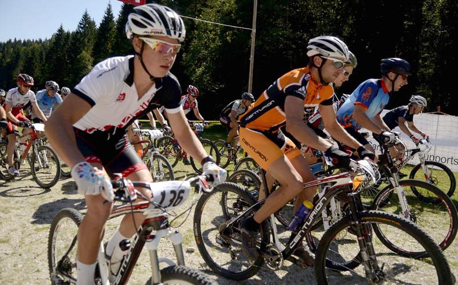 Racers jockey for position Saturday at the start of the Fat Tire Spectacular Mountain Bike Race in Garmisch, Germany.