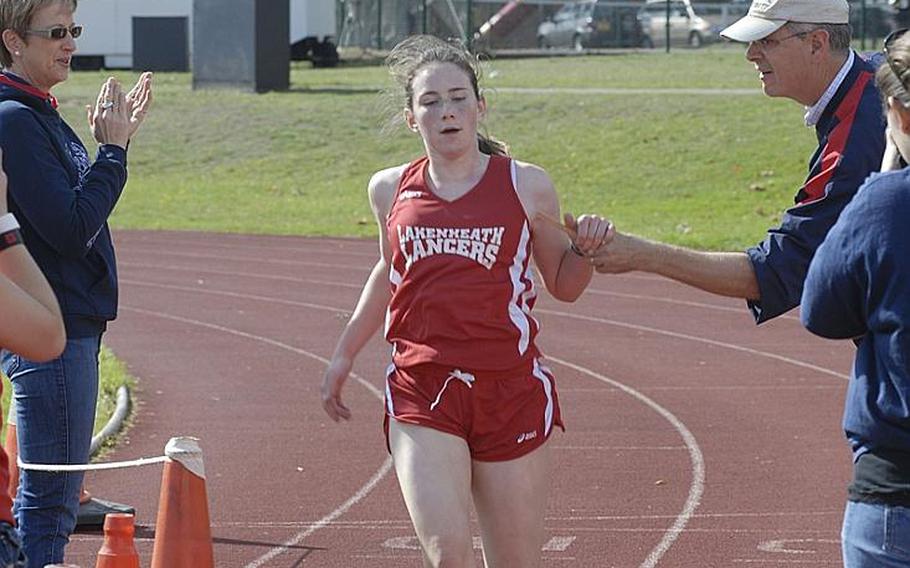 Lakenheath sophomore McKayla Boden takes first place in her first ever cross country run with an unofficial time o f 21 minutes, 28 seconds during a Saturday meet at RAF Lakenheath, England.
