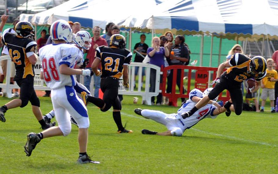 Patch reciever Sean Rittenhouse is brought down just after he crossed into the end zone during a game Saturday against Ramstein. Patch beat Ramstein 26 -12.