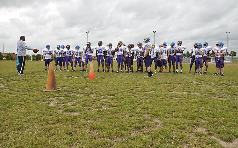 Schweinfurt High School football players prepare for a drill during a recent practice in Schweinfurt. The team had to borrow equipment from other DODDS-Europe schools in order to play this season. They are the newest team in Division II.