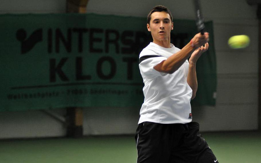 Ajdin Tahirovic returns a serve from Baumholder opponent Cameron Koch on Saturday during a match at Patch. 