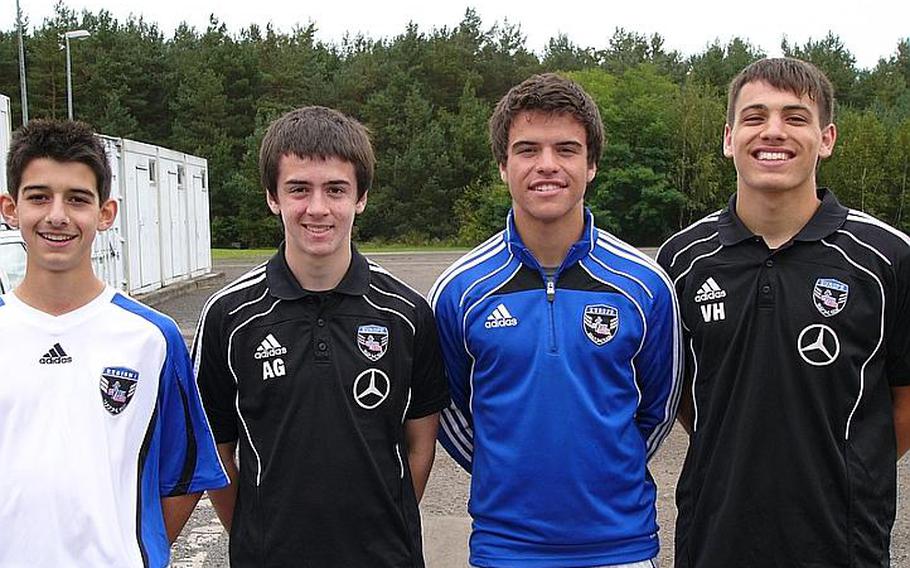 Shown here at the 1FC Kaiserslautern training facility east of Kaiserslautern, Germany, Region I all-stars, from left, Brienno Illari, Andrew Guelle, Cristian Turain and Vincent Harrington - two of them from Ramstein and two from Heidelberg and all of them already in training for the 2012 Surf Cup tournament in San Diego - have risen above school rivalries to devote themselves to a bigger team.