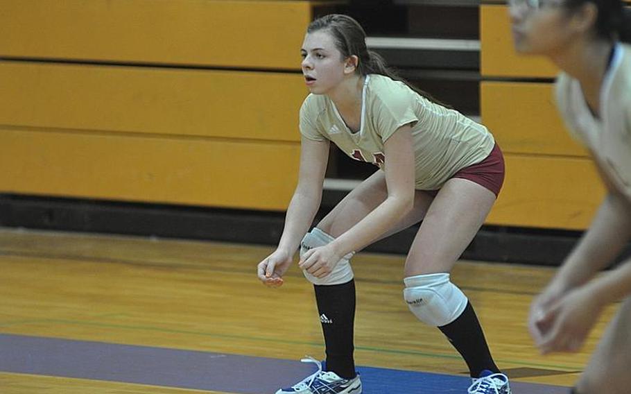 Adriana Sued of Vilseck prepares to defend a serve Saturday.