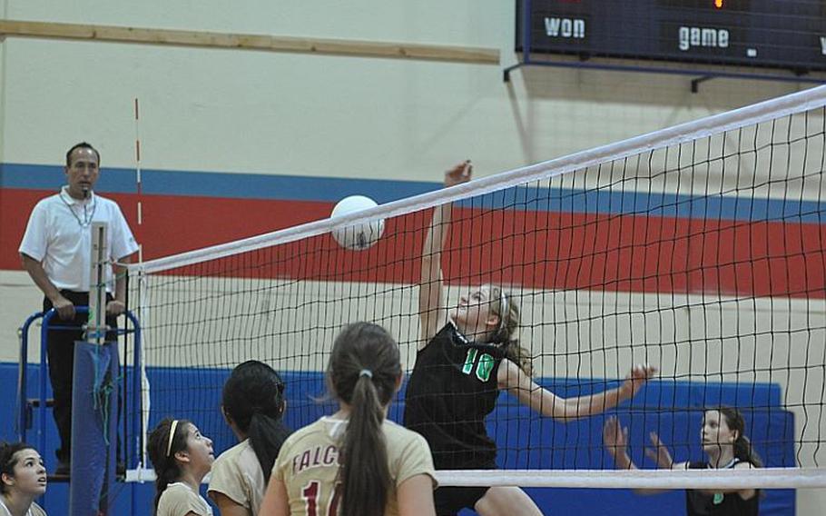 Schweinfurt sophomore Katherine Street goes up for a ball against Vilseck Saturday. Vilseck won both of its matches against the Razorbacks and Bamberg Barons.