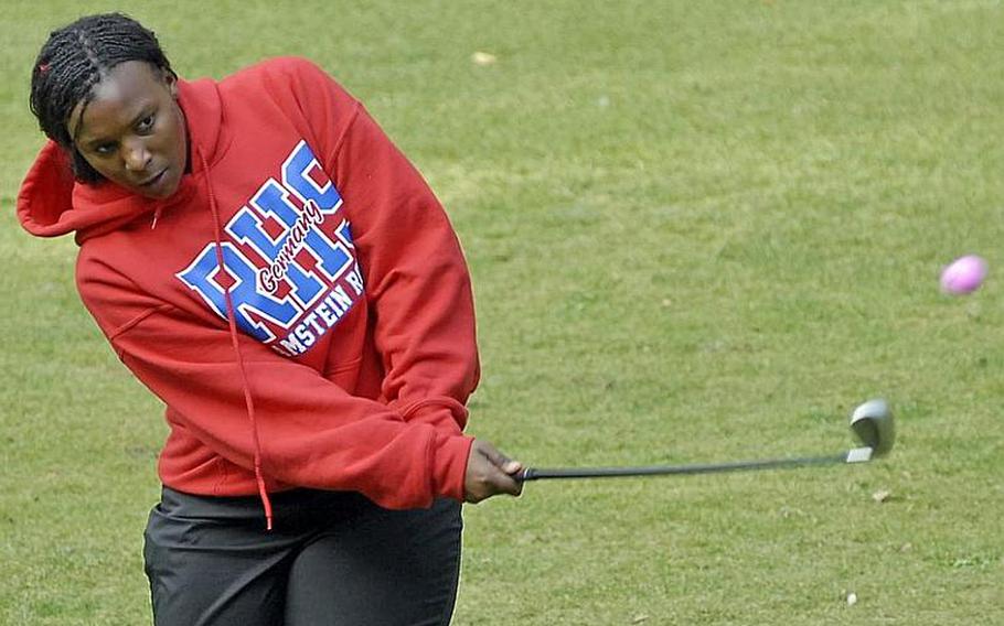 Ramstein sophomore Diana Green chips the ball to the green at a tournament at Rheinblick Golf Course in Wiesbaden, Germany last week.