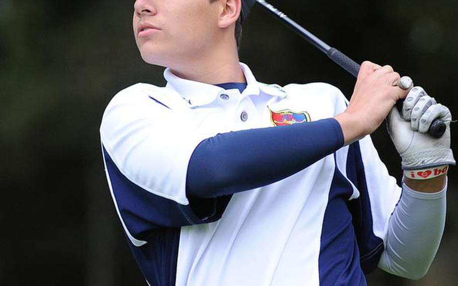 Ramstein's Lucas Rockwell watches his tee shot sail down the fairway on opening day of the DODDS-Europe golf championships at the Heidelberg Golf Club. Rockwell was tied for the lead with teammate Everett Plocek and SHAPE's Alex Nguyen with a 42, using a modified Stableford scoring system.