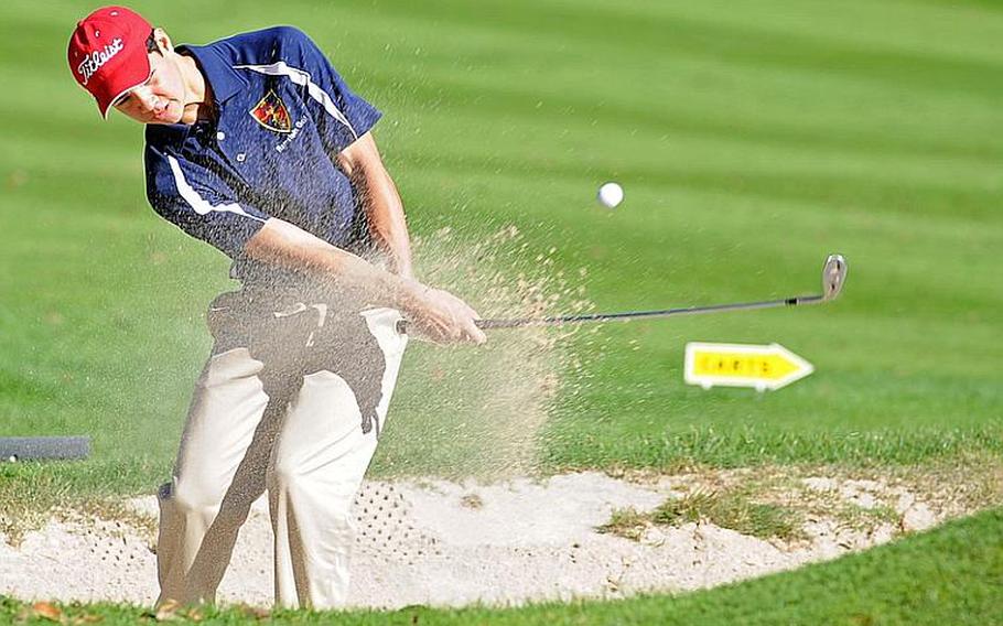 Ramstein's James Cho hits out of a bunker on the sixth hole in Friday's final round at the DODDS-Europe golf championships. Cho finished second behind Heidelberg's Joseph Patrick.