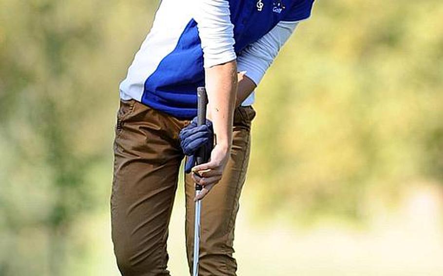 Wiesbaden's Jenna Eidem tries a little body english to get a putt to fall in the final round at the DODDS-Europe golf championships on Friday. The putt didn't fall, but Eidem shot a 30 using a modified Stableford scoring system to go with Thursday's 24, to capture the girls title ahead of Viseck's Katie Cooper and Ramstein's Alexandra Phoenix.