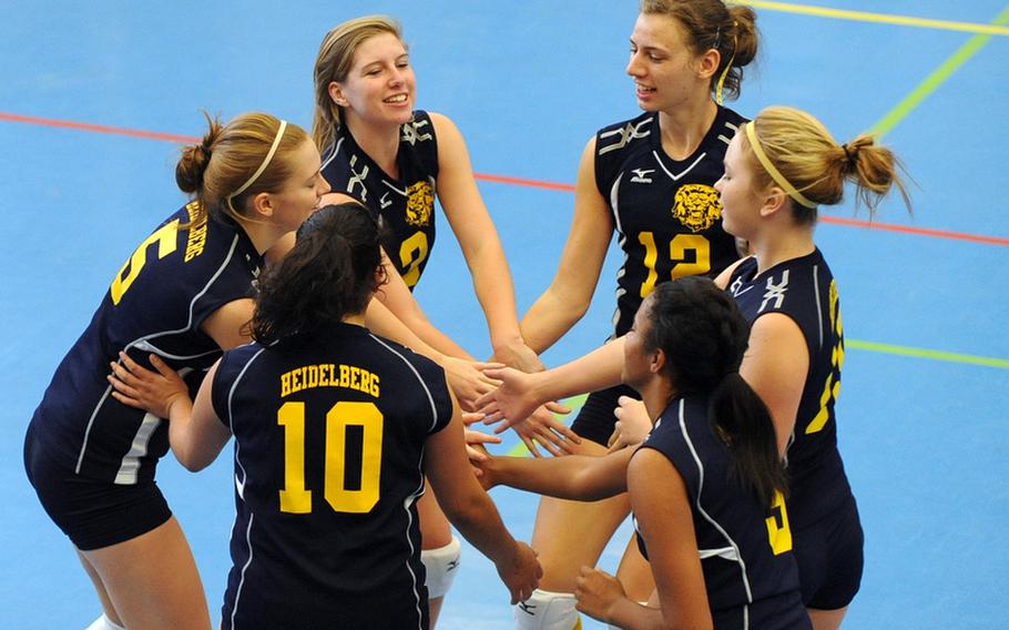 Members of the Heidelberg Lady Lions volleyball team celebrate a point against Vilseck last weekend. They are undefeated going into the last two weeks of the regular season. Clockwise from left are Carrie Smith, Christina Muehlbauer, Allison Gunsch, Sam Markowski, Taylor Morgan and Rebecca Luna.