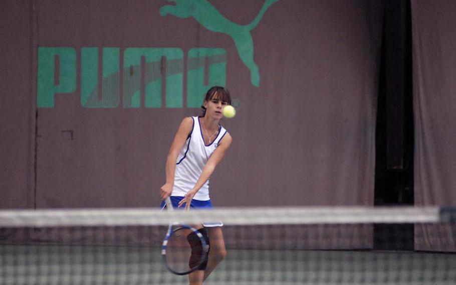 Third-seeded Ramstein junior Meghan Augsburger follows the path of the ball during opening day action of the DODDS-Europe tennis championships in Wiesbaden, Germany.