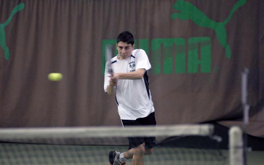 SHAPE freshman phenom Dimitrios Stavropoulos returns a shot during the second round of the 2011 DODDS-Europe tennis championships in Wiesbaden, Germany.