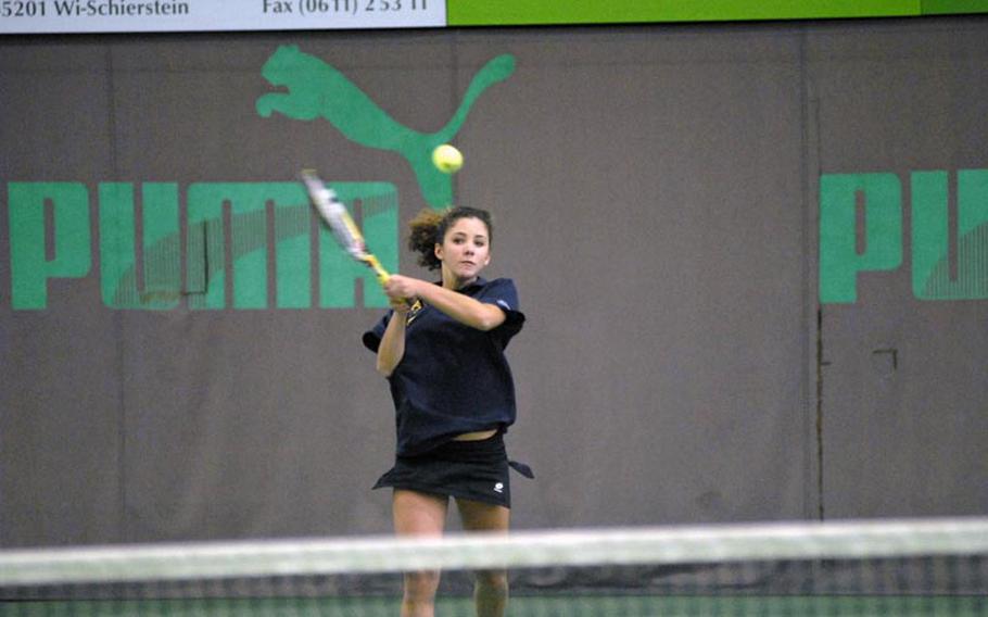 Florence junior Oona Barbieri returns a serve during the 2011 DODDS-Europe tennis championships in Wiesbaden, Germany.