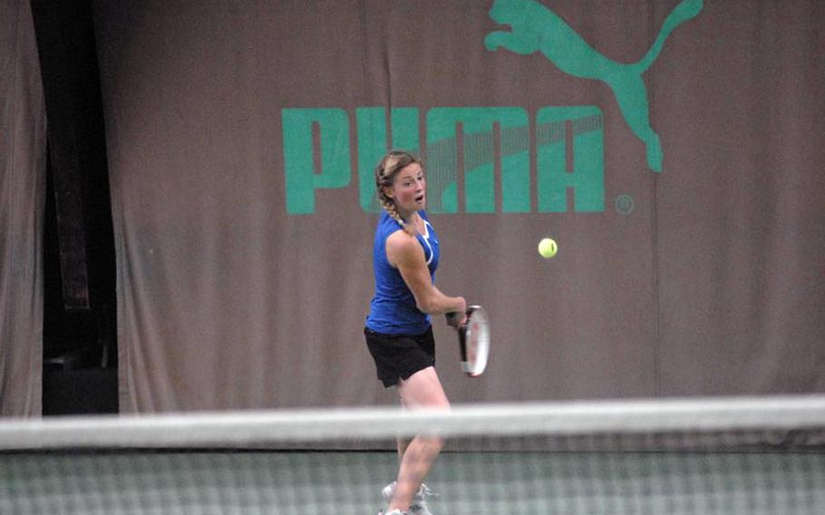 Hohenfels freshman Lisa Bourgeois lines up her raquet during Thursday's opening round play of the 2011 DODDS-Europe tennis championships.