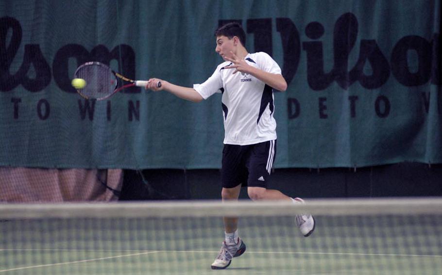 SHAPE freshman Dimitrios Stavropoulos looked strong during opening day of the 2011 DODDS-Europe tennis championships.