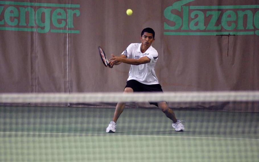 Vilseck senior Gabe Ruiz watches his shot during Thursday's opening day action at the 2011 European tennis championships in Wiesbaden, Germany.