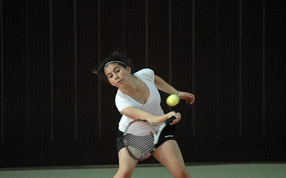 AFNORTH sophomore Emily Young stretches to reach the ball during a girls double match at Hochheim Tennis Center.   The 2011 DODDS-Europe tennis championships resume play on Saturday.