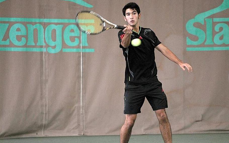 Wiesbaden senior Evin Alarilla returns a shot by American Overseas School of Rome senior Gabrielle Boccaccini during a Friday quarterfinals match of the European championships in Wiesbaden, Germany.